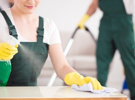 cleaning lady spraying table picture