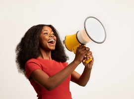 great promo excited black lady using megaphone for making announcement