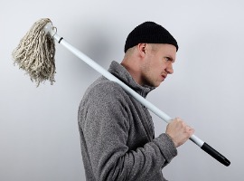grumpy cleaner who is tired of his job