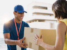 courier man shipping cardboard box to customer client for fast delivery deliveryman