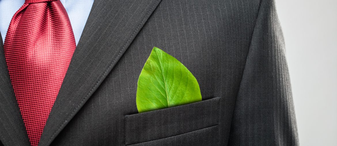 A closeup of a business professional’s lapel, with a green leaf in the pocket instead of a handkerchief.