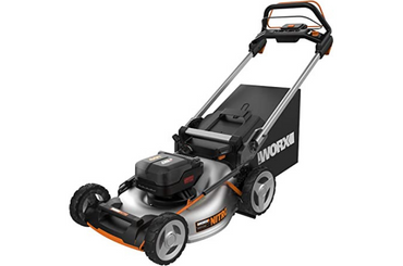 black and orange WORX Nitro WG753 Cordless Self-Propelled Lawn Mower