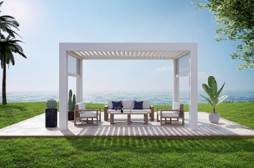 illustration of garden patio with white pergola next to sea picture
