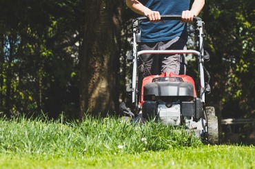 mowing the grass with a lawn mower in garden at springtime picture