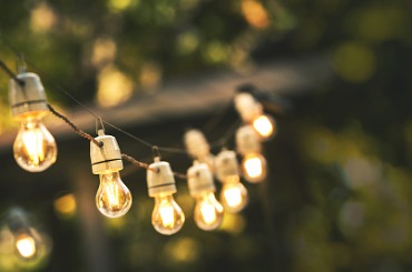 outdoor party string lights hanging in backyard on green bokeh with picture