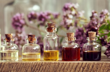 panoramic banner of bottles of aromatherapy essential oil picture