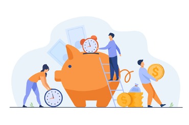 rich people keeping cash and clocks in piggy bank vector