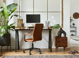 creative workspace composition of modern masculine home office interior with black industrial