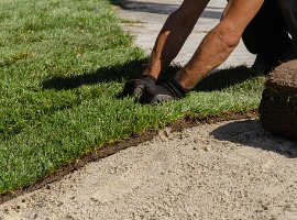 hands of worker in gardening gloves laying sod applying green turf rolls making new lawn in