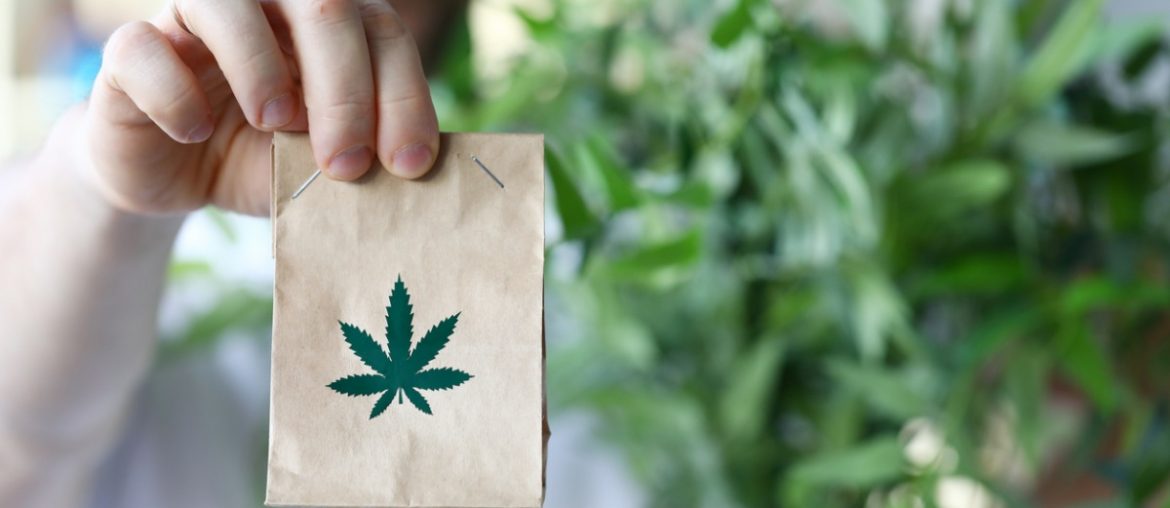 male hand hold paper packet with marijuana symbol closeup background